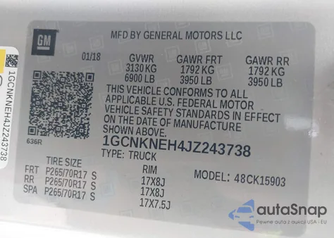 2018 Chevrolet Silverado 1500 Wt z USA, uszkodzony, nr VIN 1GCNKNEH4JZ243738